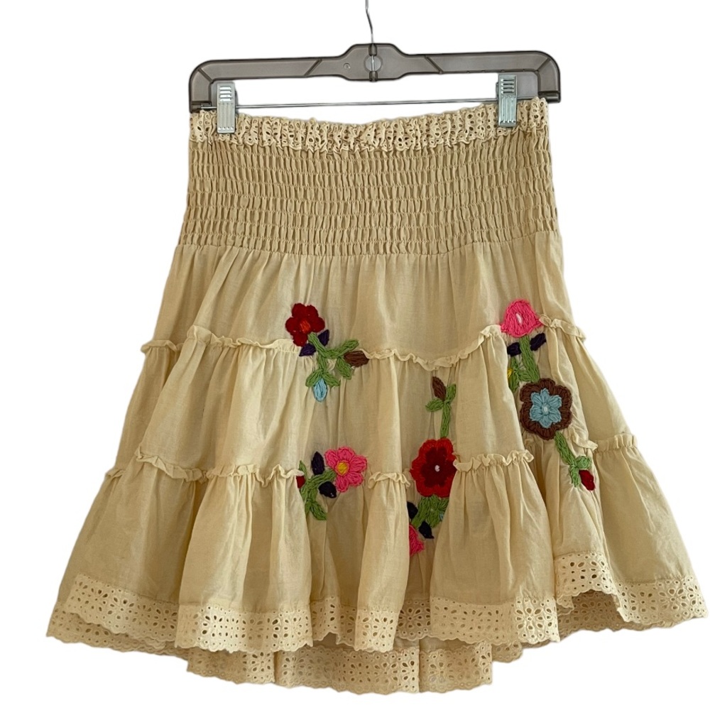Johnny Was Cream Floral Embroidered Mini Skirt